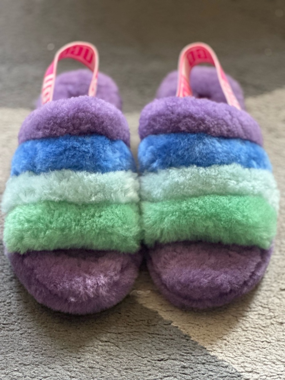 Plush Rainbow Stripe Slide Sandals - Purple & Green
